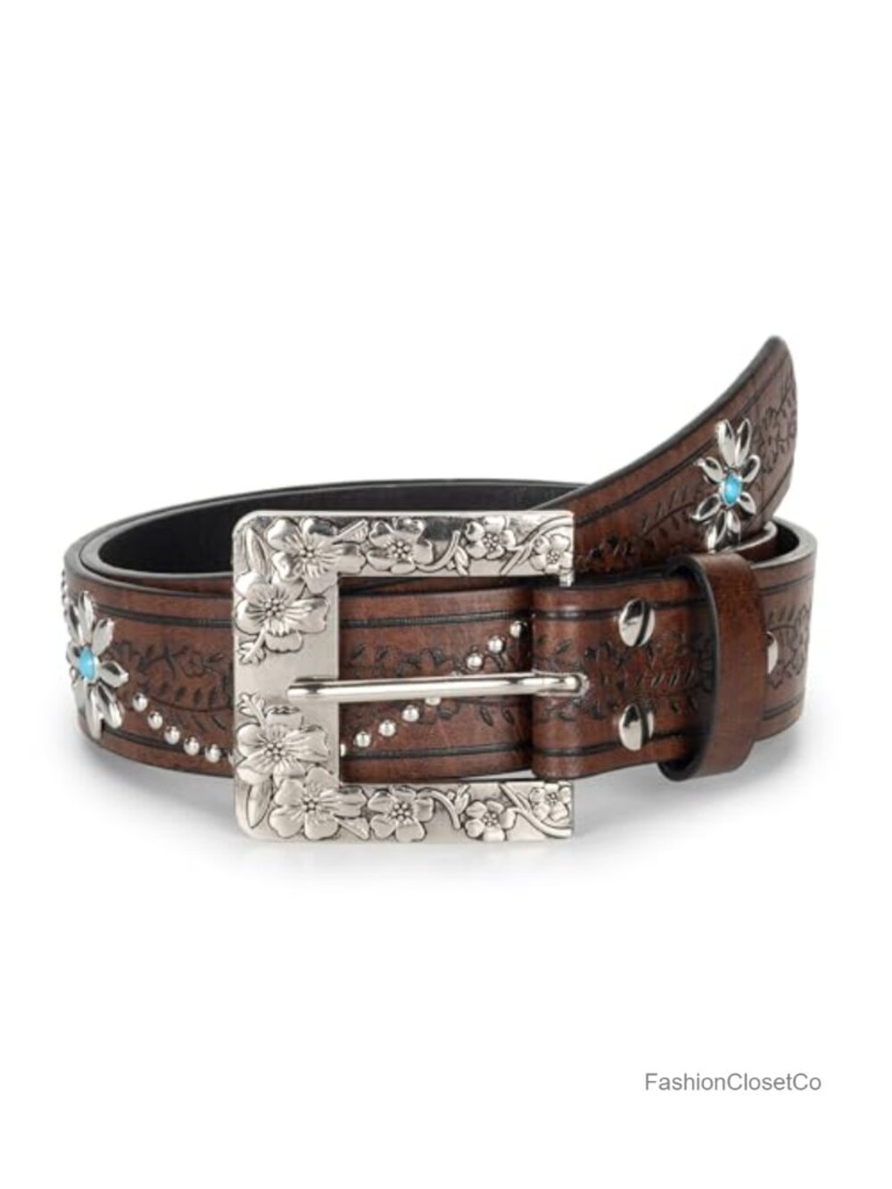 Western Cowboy Belt Faux Leather Metal Buckle 9 Holes 45.2in Adjustable